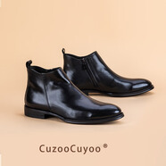 川左川右（CuzooCuyoo）英倫商務(wù)正裝切爾西靴男真皮中幫秋冬季加絨拉鏈款軟面頭層牛皮靴 黑色 40