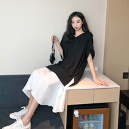 SIN.CYC春夏港味寬松休閑簡約V領(lǐng)經(jīng)典黑白拼接裙擺T恤裙長裙連衣裙女 圖色 均碼