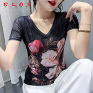 RLAS素雅花色印花網(wǎng)紗t恤女短袖歐洲站夏季時(shí)尚修身顯瘦上衣洋氣小衫 9968# 黑色 V領(lǐng) XL