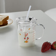 全度（Quandu）玻璃杯刻度杯早餐杯量杯帶把手吸管杯果汁水杯子可微波爐兒童喝牛奶杯 單把小白兔
