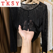 TKSY配吊帶裙的小外搭夏季連衣裙披肩蕾絲防曬開衫女短款冰絲罩衫 黑色 M