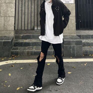 VEOX春夏新款韓版膝蓋破洞直筒牛仔褲女彈力休閑高腰毛邊喇叭褲子女潮 黑色破洞褲_主圖款 S _(80-95斤)