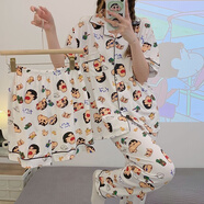元族蠟筆小新睡衣女夏季短袖長(zhǎng)褲三件套裝棉質(zhì)薄款日系卡通學(xué)生家居服 PL三件套#白色蠟筆小新 L(95-115斤）