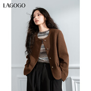 LAGOGO美拉德毛呢短款外套女拉谷谷2024年冬季新款高級感圓領(lǐng)上衣 咖啡色(U1) S