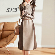 SXA香港潮牌長(cháng)袖條紋針織連衣裙女2024秋冬新款中長(cháng)款打底毛衣A字裙 杏色 L