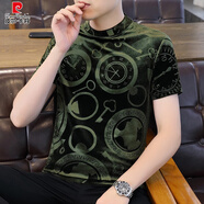 皮爾卡丹（pierre cardin）金絲絨打底衫男士短袖t恤秋冬薄款半高領(lǐng)秋衣內搭體恤上衣男半袖 9941綠色 L