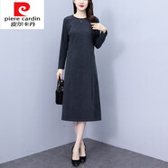 皮爾卡丹毛呢連衣裙女長(zhǎng)袖2025新款女呢子冬季大I碼長(zhǎng)裙 灰色 2XL