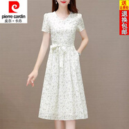 皮爾卡丹（pierre cardin）24年新款碎花雪紡連衣裙女夏季高端顯瘦減齡小個(gè)子洋氣裙子 米白色 XL 建議105-115斤