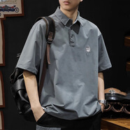 古先森美式短袖t恤男夏季翻領polo體恤衫寬松休閑半袖有領帶領速干上衣 灰色 2XL 【160-180斤】