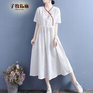 子牧棉麻夏裝 女復古百搭V領(lǐng)繡花中長款短袖連衣裙0305 白色  L(建議105-115斤)