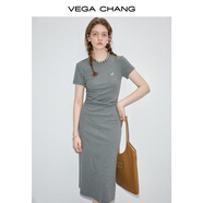 VEGA CHANG連衣裙女2025年夏季新款顯瘦氣質減齡長裙高級感t恤裙子 花灰色 S