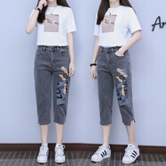 雷斯琦7分牛仔褲女寬松中褲女夏季新款女裝馬褲時(shí)尚顯瘦印花牛仔七分褲 煙灰色 2XL 建議140-160斤