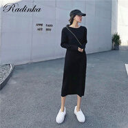 Radinka2025秋冬新款ins潮網紅針織連衣裙甜美中長款打底毛衣裙子女SYL 長款黑色【110cm左右】 S 【80-95斤】