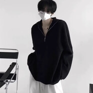 衣然呈品連帽毛衣男秋冬季加厚復古外套潮流保暖港風(fēng)寬松休閑百搭針織衫男 黑色拉鏈 M 【建議95-110斤】