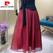皮爾卡丹（pierre cardin）夏季薄款絲質(zhì)歐根紗仙女裙女純色氣質(zhì)AA字裙時尚減齡中長款半身裙 酒紅色 XL (120-135斤)