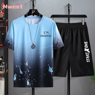 威覺(jué)冰絲短袖t恤男夏季休閑套裝男士速干青年家居服運動(dòng)短褲兩件套 【套裝】潑墨藍+短褲 L 【100-115斤】