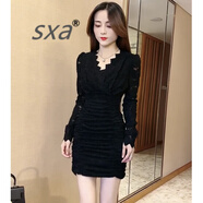 SXA香港潮牌長袖蕾絲連衣裙女秋冬2024新款氣質(zhì)小個(gè)子V領(lǐng)打底包臀裙 黑色 L
