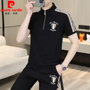 皮爾卡丹（pierre cardin）服裝歐洲站2024新款男士立領(lǐng)短袖T恤套裝秋季帥氣服裝休閑兩件套 6T001-黑色 上衣+褲子 XL