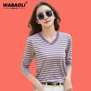 WABAOLI高檔品牌 條紋長(cháng)袖T恤女2024新款春秋寬松薄款百搭打底衫減齡上衣 紫色【V】 2XL 【建議體重120-130斤】