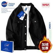 NASAGOOD官方男裝潮牌牛仔外套男春秋款美式復古休閑夾克男士工裝上衣服男 黑色【加絨款】 XL （建議150-170斤）