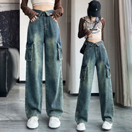 蕓玫兒（yunmeier）牛仔褲女2025年秋冬季新款美式復古翻遍大口袋工裝牛仔褲女時(shí)尚高 復古藍 S