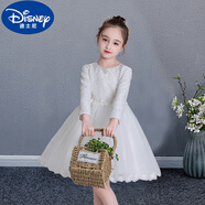 迪士尼（Disney）秋冬天 女童公主裙子白色紗裙連衣裙兒童花童參加婚禮小女孩禮服 白色長袖春秋款 120cm 建議5-6歲