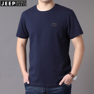 JEEP SPIRIT吉普休閑圓領(lǐng)短袖t恤薄夏季男士棉質(zhì)寬松開衩半袖純色體恤大碼彈 寶藍 L (175) /96A建議135-145斤