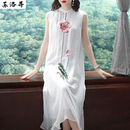 蘇洛尋中國(guó)風(fēng)氣質(zhì)刺繡高貴闊太太旗袍式無(wú)袖雪紡連衣裙2025夏新款 白色 L 95-110