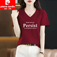 皮爾卡丹（pierre cardin）V領(lǐng)純棉短袖t恤女2025夏季雞心領(lǐng)新款韓版寬松洋氣女士百搭上衣潮 酒紅色 3XL 建議130-140斤