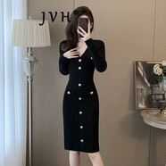 JVH香港潮牌小香風(fēng)針織連衣裙女 2024秋冬新款V領(lǐng)收腰顯瘦內搭包臀裙 黑色 6038# S