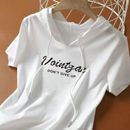 玖卡依純棉連帽短袖t恤女2025夏季新款寬松韓版體恤衫休閑短袖上衣女裝 白色-vai字母 2XL 建議125-135斤