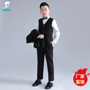 閃閃藍(lán)寶 胖童禮服兒童西裝鋼琴演出服男花童主持人套裝表演服胖小孩正裝 黑色（馬甲+襯衫+長(zhǎng)褲+領(lǐng)結(jié)） 180碼建議體重130-145斤