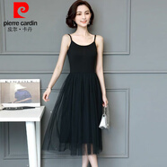 皮爾卡丹（pierre cardin）背心網(wǎng)紗連衣裙2024新款收腰顯瘦仙女紗裙中長(zhǎng)款吊帶打底裙 黑色8190吊帶款/節(jié) M:100-115斤