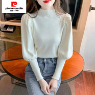 皮爾卡丹（pierre cardin）2024春秋新款重工釘珠半高領(lǐng)燈籠泡泡袖毛衫打底衫內搭毛衣上衣 白色【釘珠升級版】 2XL 【125-140】