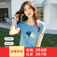 艾路絲婷花卉刺繡短袖T恤女2022春裝新款休閑大方T恤減齡甜美上衣31501 湖藍色 XXL