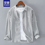 羅蒙（ROMON）小清新條紋長(cháng)袖襯衫男裝日系寬松休閑潮流文藝翻領(lǐng)春秋款襯衣外套 黑色 L