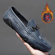 羅蘭船長(cháng)【官方名品 原裝直郵】【頭層牛皮 單絨可選】鱷魚(yú)紋男鞋豆豆鞋 藍色丨加絨版丨高級定制 41