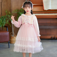 糊圖狗（HUTUGOU） 女童連衣裙春秋款小女孩紗裙新款蕾絲裙寶寶公主裙長(cháng)袖新款仙 桃粉色 2432刺繡洛麗塔公主裙 100