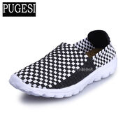 春夏季防滑男士沙灘鞋透氣輕便休閑男鞋一腳蹬男編織鞋豆豆鞋 黑白色 45