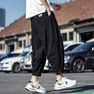 PUGESI胖子超大碼棉麻燈籠褲七分短褲男加肥加大碼小腳哈倫潮胖子寬松夏 黑色 5XL 腰圍3尺-3尺2