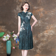 齊黛重磅真絲連衣裙女2025新款短袖氣質(zhì)復(fù)古改良旗袍桑蠶絲真絲裙子 藍(lán)色 2XL /115-125斤