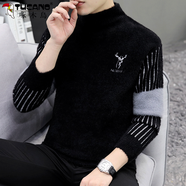 啄木鳥(niǎo)毛衣男士半高領(lǐng)寬松潮流保暖水貂絨針織衫男秋冬季加絨加厚打底衫 黑色 2XL