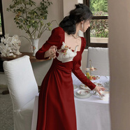 GARNUO紅色長袖連衣裙子女春秋法式訂婚結(jié)婚禮服新娘敬酒服平時可穿長裙 紅色【長袖】 S【101-110斤】