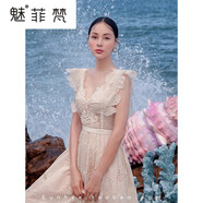 魅菲梵高檔洋氣2025春夏氣質(zhì)小眾名媛連衣裙小禮服歐根紗花朵刺繡仙女裙 杏色 S