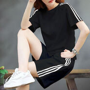 夏天女生跑步運動(dòng)穿的短衣短褲套裝純棉運動(dòng)短褲女夏季薄款寬松時(shí)尚健身褲套裝大碼跑步服休閑五分褲 2203#黑色套裝【純色】 L 建議105-120斤