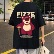 胖胖到家卡通草莓熊短袖t恤男款夏季oversize潮牌半袖寬松2024新款體恤衫 黑色 L 110-130斤