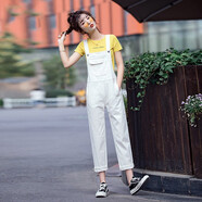 丹仔 牛仔背帶褲女泫雅風(fēng)2020年新款直筒韓版寬松可愛(ài)復(fù)古港味減齡日系 白色 XL