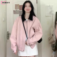 DXOT粉色翻領(lǐng)獨特超好看外套女裝2025新款春秋美式復古棒球服休閑夾克 【粉紅色】 L 55-60kg