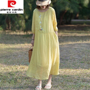 皮爾卡丹（pierre cardin）夏季天絲苧麻刺繡帶內(nèi)襯連衣裙女仙氣質(zhì)顯瘦白色棉麻料長(zhǎng)袍子 淺黃色 L [建議120-132斤]