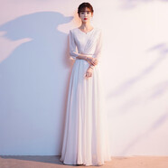 漢虞葵成人大合唱禮服女長款優(yōu)雅合唱團演出服裝獨唱氣質(zhì)主持人晚禮服春 白色 L